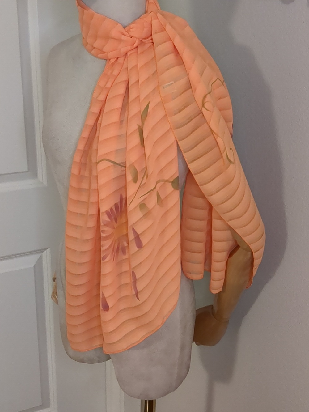 3/$15 Vintage Floral Sheer Orange Scarf Daisy Print Long Lightweight Summer 60"